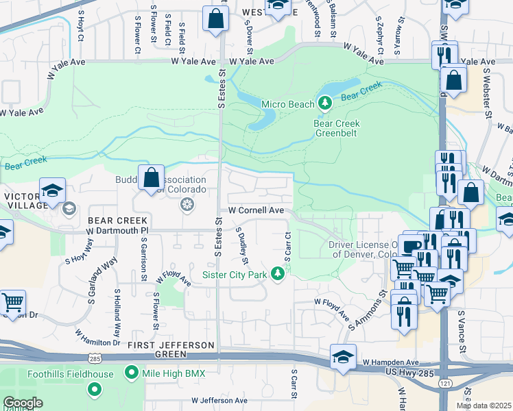 map of restaurants, bars, coffee shops, grocery stores, and more near 8757 West Cornell Avenue in Lakewood
