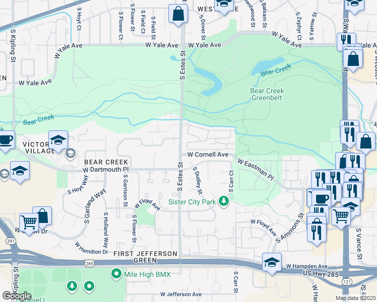 map of restaurants, bars, coffee shops, grocery stores, and more near 8763 West Cornell Avenue in Lakewood