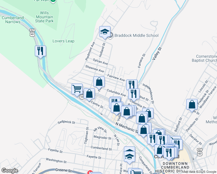 map of restaurants, bars, coffee shops, grocery stores, and more near 619 Shriver Avenue in Cumberland