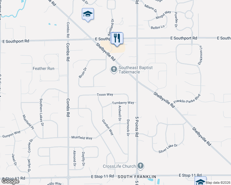 map of restaurants, bars, coffee shops, grocery stores, and more near 6826 Troon Way in Indianapolis