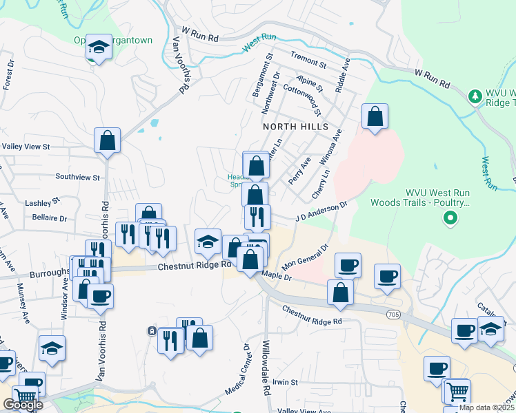 map of restaurants, bars, coffee shops, grocery stores, and more near 1241 Pineview Drive in Morgantown