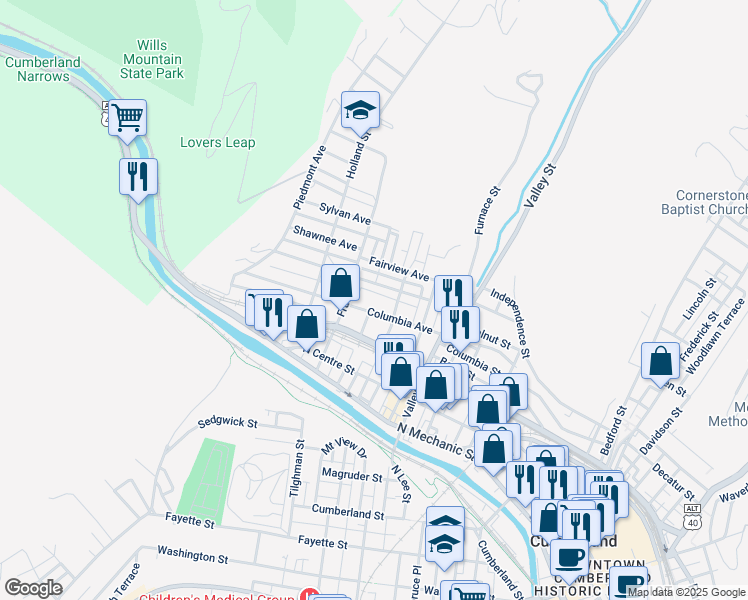 map of restaurants, bars, coffee shops, grocery stores, and more near 619 Shriver Avenue in Cumberland