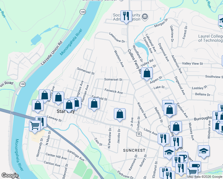 map of restaurants, bars, coffee shops, grocery stores, and more near 556 Mansfield Avenue in Morgantown