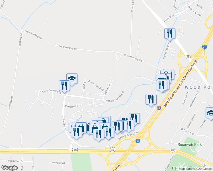 map of restaurants, bars, coffee shops, grocery stores, and more near 17809 Farragut Way in Hagerstown