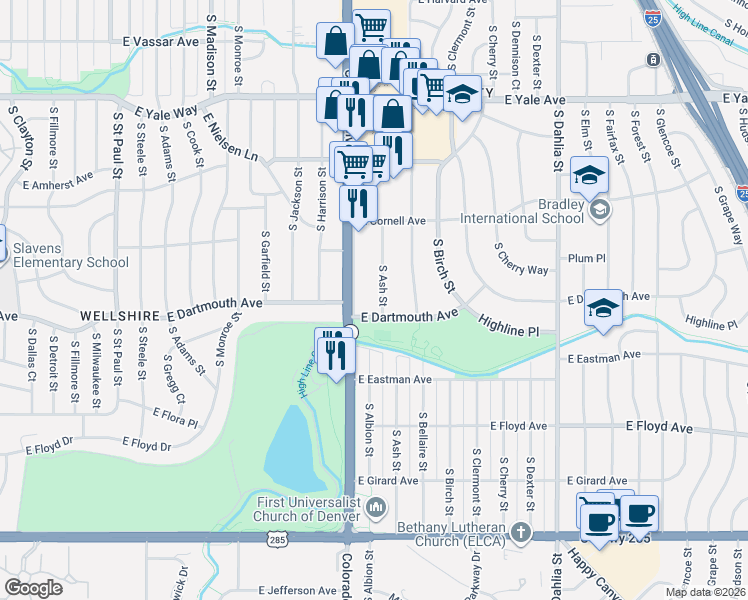 map of restaurants, bars, coffee shops, grocery stores, and more near 3040 South Colorado Boulevard in Denver