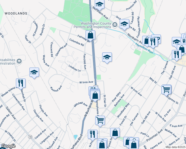 map of restaurants, bars, coffee shops, grocery stores, and more near 1111 Pennsylvania Avenue in Hagerstown