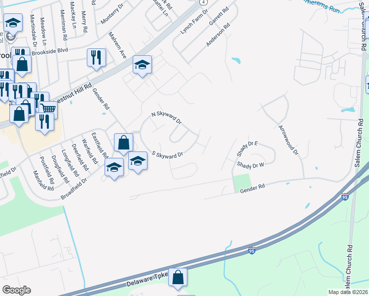map of restaurants, bars, coffee shops, grocery stores, and more near 109 South Skyward Drive in Newark