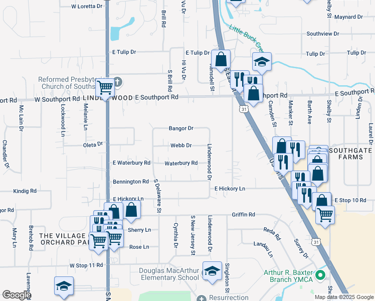 map of restaurants, bars, coffee shops, grocery stores, and more near 326 Webb Drive in Indianapolis