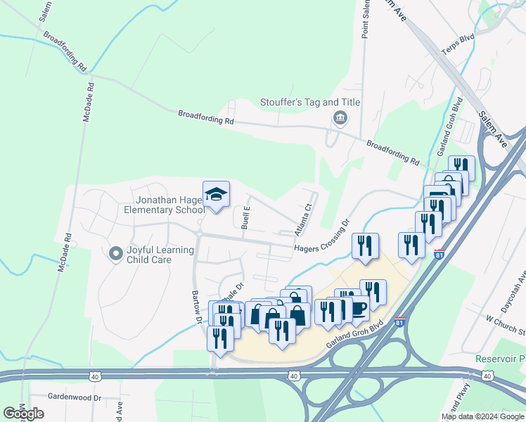 map of restaurants, bars, coffee shops, grocery stores, and more near 17625 Potter Bell Way in Hagerstown