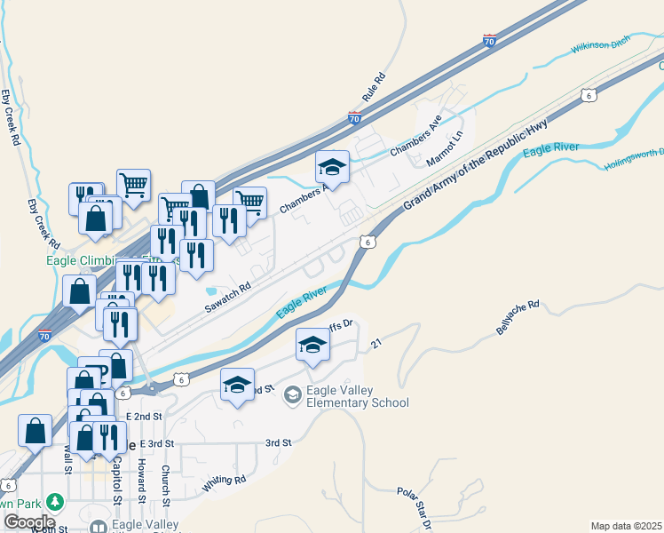 map of restaurants, bars, coffee shops, grocery stores, and more near 63 Christian Court in Eagle