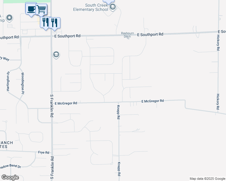 map of restaurants, bars, coffee shops, grocery stores, and more near 8750 East McGregor Road in Indianapolis