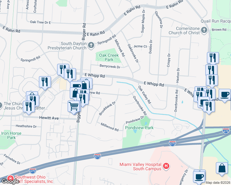 map of restaurants, bars, coffee shops, grocery stores, and more near 5563 Brookbank Place in Dayton