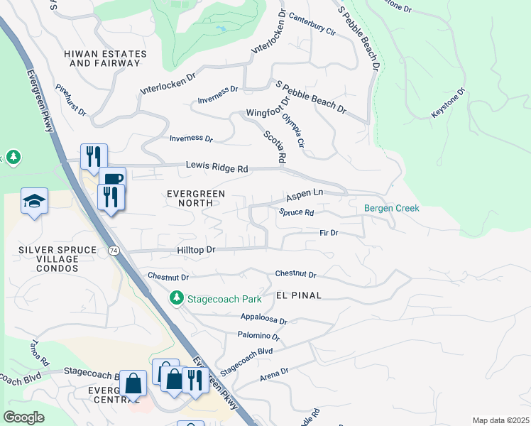 map of restaurants, bars, coffee shops, grocery stores, and more near 30253 Spruce Road in Evergreen