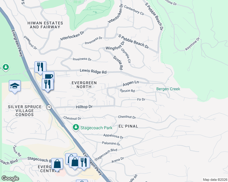 map of restaurants, bars, coffee shops, grocery stores, and more near 30242 Spruce Road in Evergreen