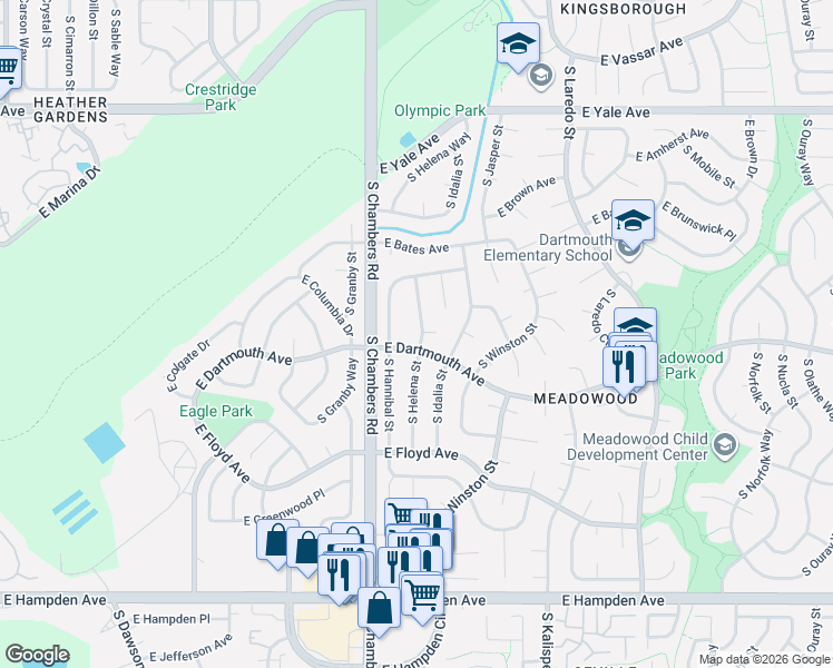 map of restaurants, bars, coffee shops, grocery stores, and more near 3032 South Helena Street in Aurora