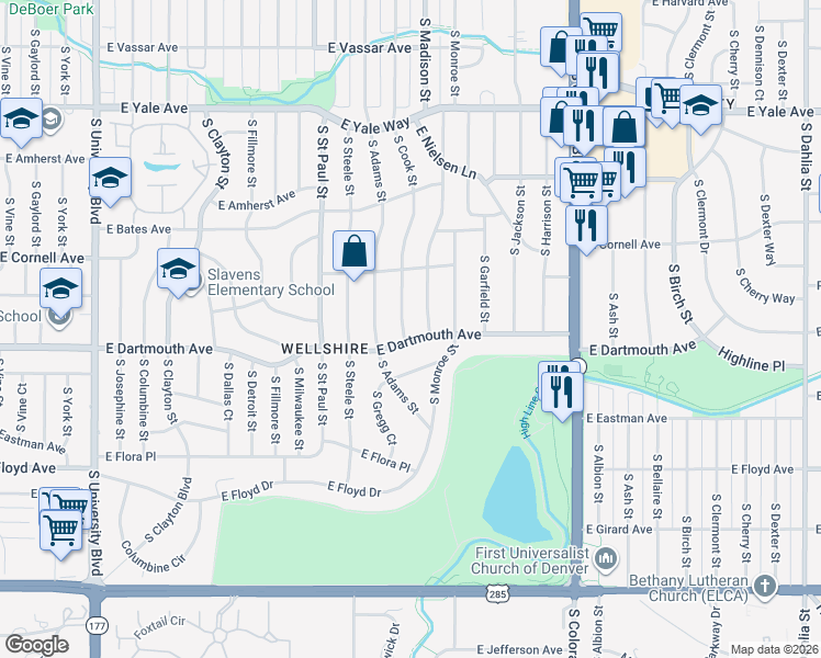 map of restaurants, bars, coffee shops, grocery stores, and more near 3059 South Cook Street in Denver