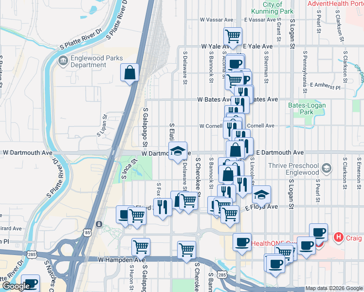 map of restaurants, bars, coffee shops, grocery stores, and more near 3043 South Delaware Street in Englewood