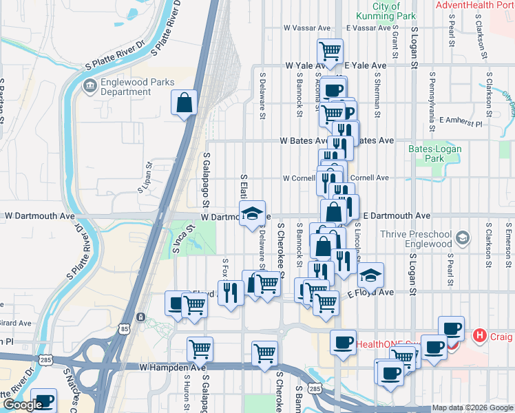 map of restaurants, bars, coffee shops, grocery stores, and more near 3043 South Delaware Street in Englewood