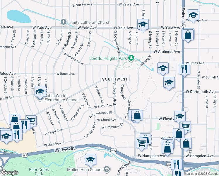 map of restaurants, bars, coffee shops, grocery stores, and more near 3100 South Mabry Way in Denver