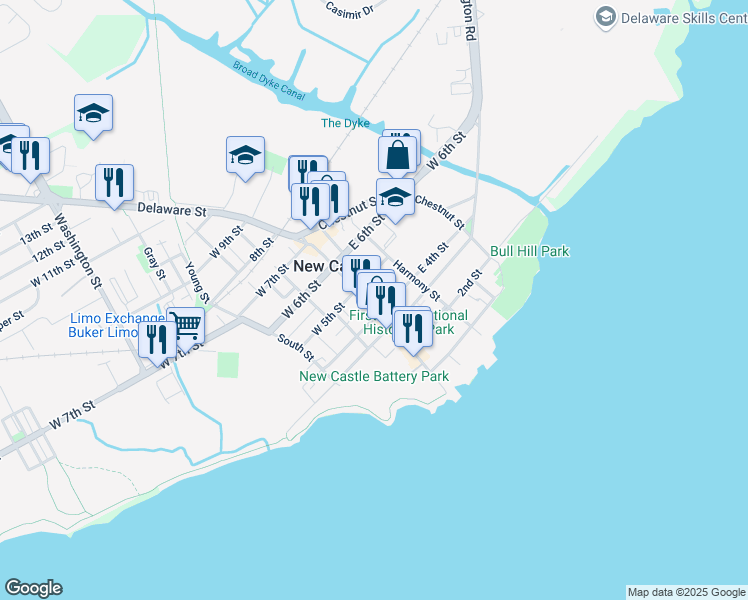 map of restaurants, bars, coffee shops, grocery stores, and more near 2-12 East 5th Street in New Castle