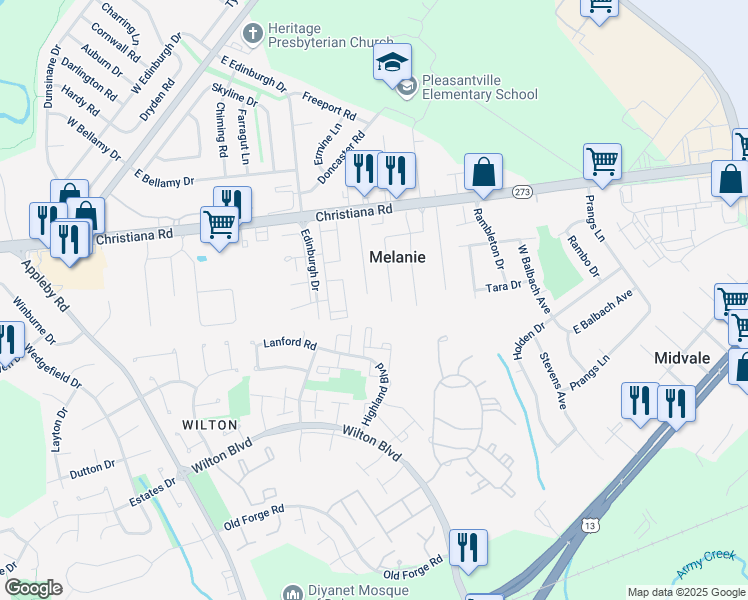 map of restaurants, bars, coffee shops, grocery stores, and more near 27 Robert Road in New Castle