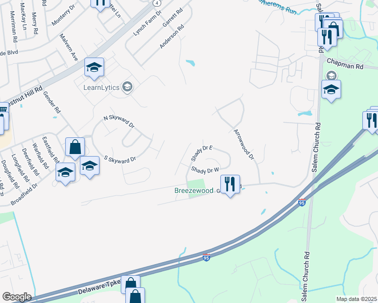 map of restaurants, bars, coffee shops, grocery stores, and more near 27 Eastwind Court in Newark