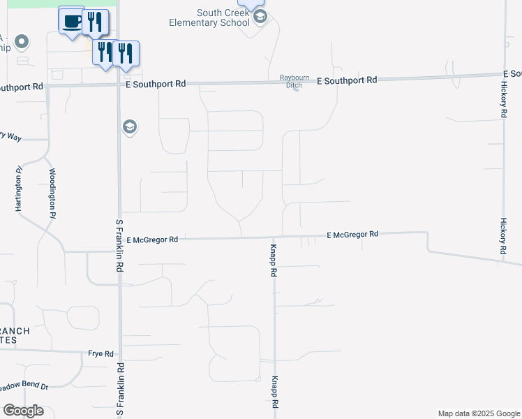 map of restaurants, bars, coffee shops, grocery stores, and more near 8750 East McGregor Road in Indianapolis