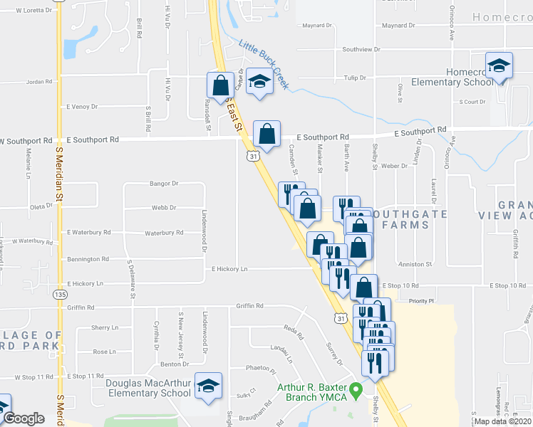 map of restaurants, bars, coffee shops, grocery stores, and more near 7110 U.S. 31 in Indianapolis