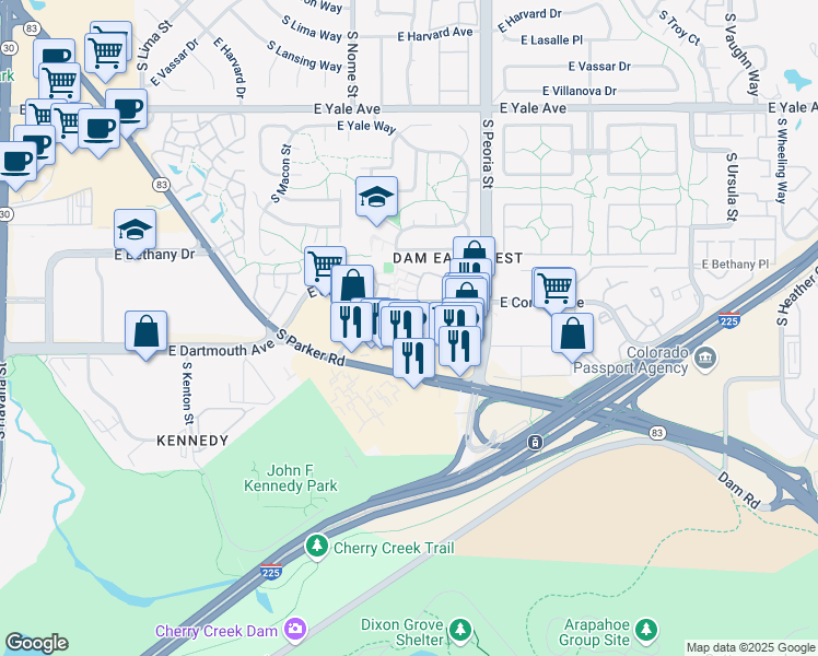 map of restaurants, bars, coffee shops, grocery stores, and more near 11900 East Cornell Avenue in Aurora