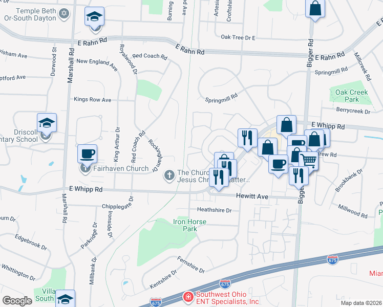 map of restaurants, bars, coffee shops, grocery stores, and more near 5913 Millshire Dr in Kettering