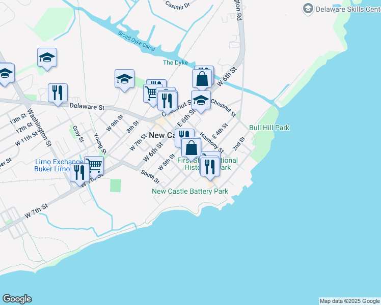map of restaurants, bars, coffee shops, grocery stores, and more near 411 Delaware Street in New Castle