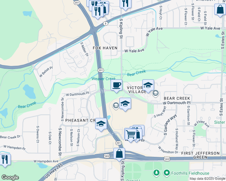 map of restaurants, bars, coffee shops, grocery stores, and more near 10065 West Dartmouth Avenue in Lakewood
