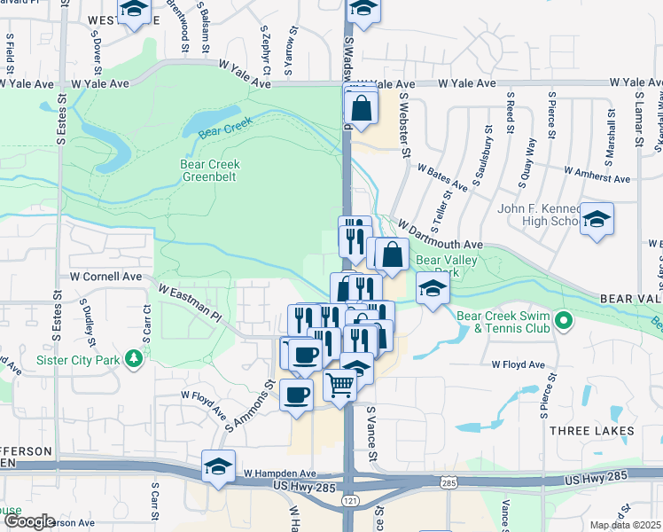 map of restaurants, bars, coffee shops, grocery stores, and more near 3151 South Wadsworth Boulevard in Lakewood