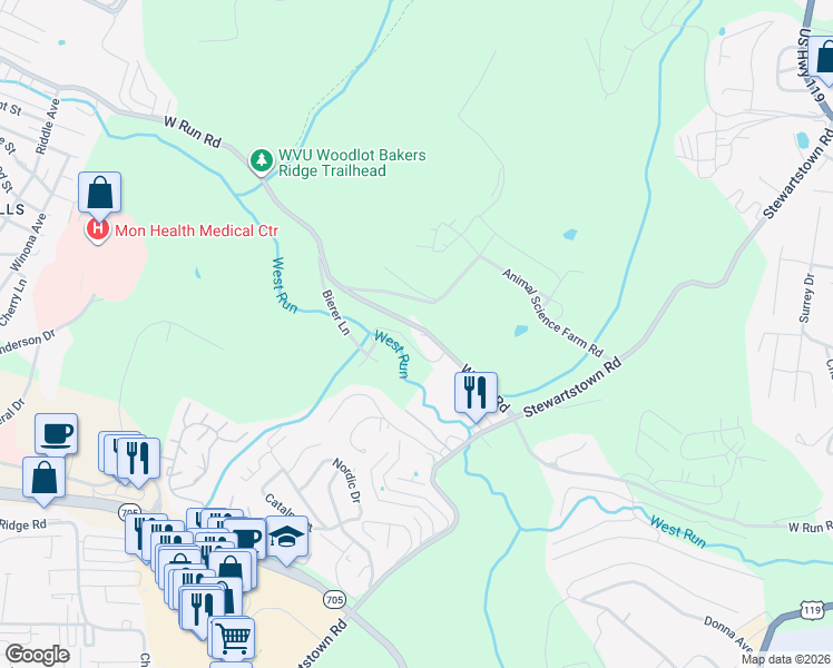 map of restaurants, bars, coffee shops, grocery stores, and more near 508 W Run Rd in Morgantown