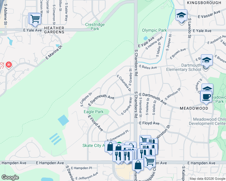 map of restaurants, bars, coffee shops, grocery stores, and more near 3061 South Fairplay Street in Aurora
