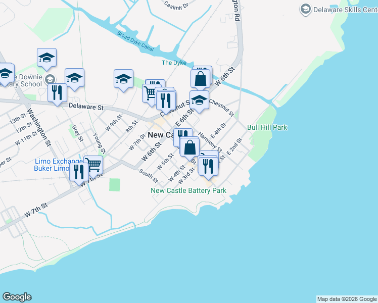 map of restaurants, bars, coffee shops, grocery stores, and more near 7 East 5th Street in New Castle