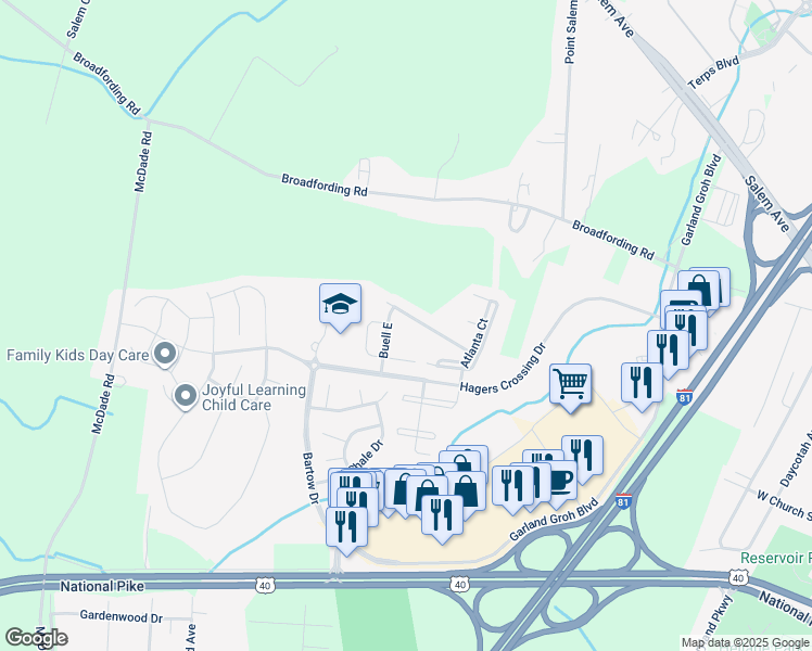 map of restaurants, bars, coffee shops, grocery stores, and more near 17617 Potter Bell Way in Hagerstown