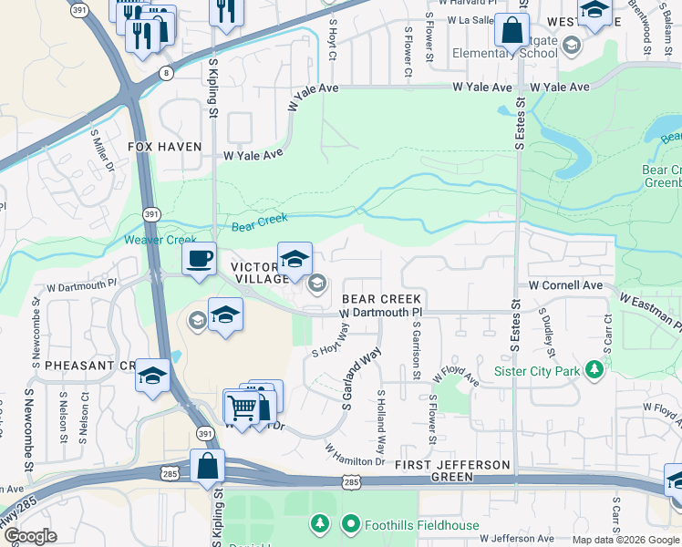 map of restaurants, bars, coffee shops, grocery stores, and more near 9491 West Cornell Place in Lakewood
