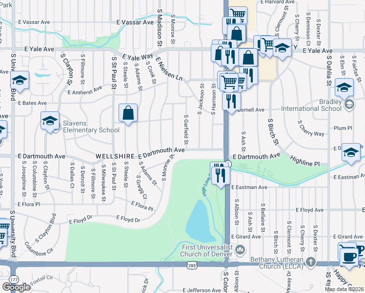 map of restaurants, bars, coffee shops, grocery stores, and more near 3067 South Garfield Street in Denver