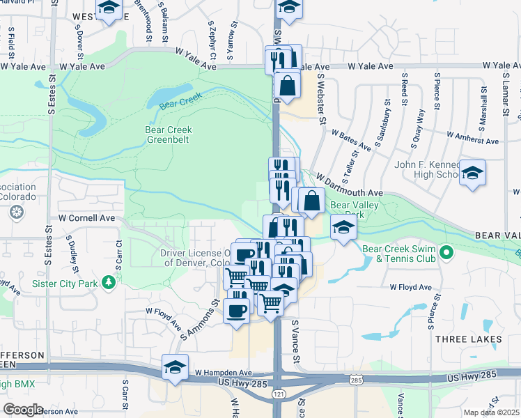 map of restaurants, bars, coffee shops, grocery stores, and more near 3151 South Wadsworth Boulevard in Lakewood