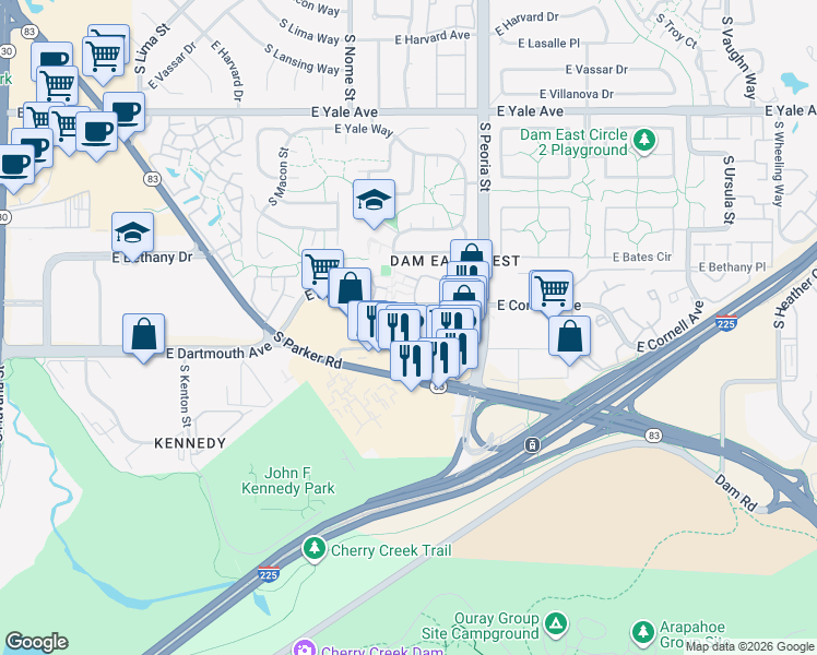 map of restaurants, bars, coffee shops, grocery stores, and more near 11900 East Cornell Avenue in Aurora