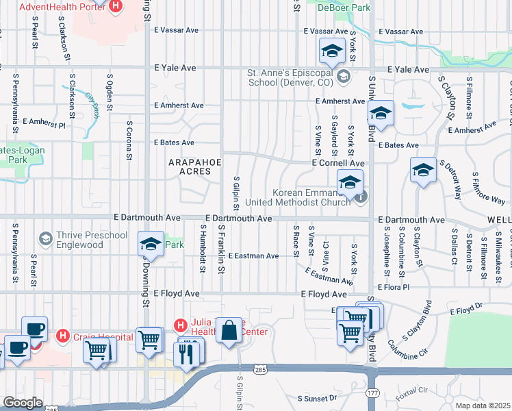 map of restaurants, bars, coffee shops, grocery stores, and more near 3063 South Williams Street in Denver
