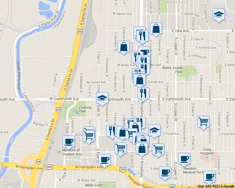 map of restaurants, bars, coffee shops, grocery stores, and more near 3048 South Cherokee Street in Englewood