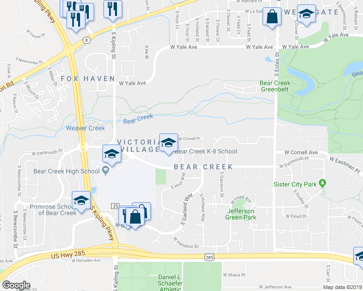 map of restaurants, bars, coffee shops, grocery stores, and more near 9491 West Cornell Place in Lakewood