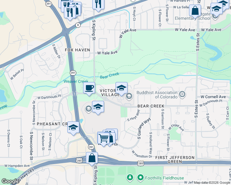 map of restaurants, bars, coffee shops, grocery stores, and more near 9753 West Cornell Place in Lakewood
