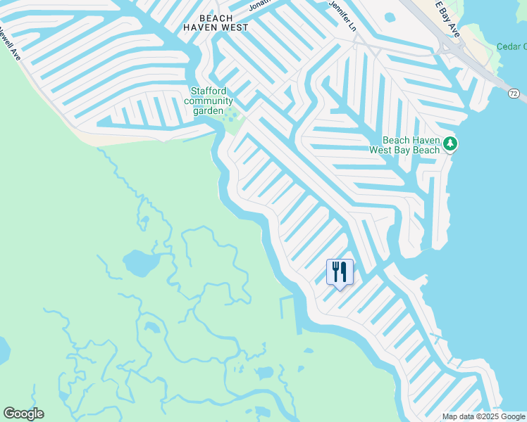 map of restaurants, bars, coffee shops, grocery stores, and more near 1378 Mill Creek Road in Stafford Township