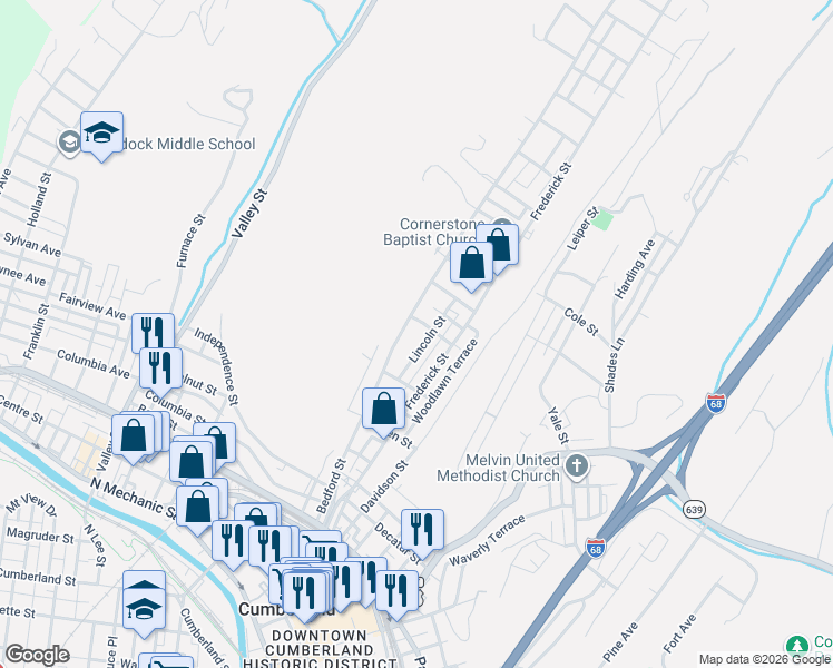 map of restaurants, bars, coffee shops, grocery stores, and more near 701 Bedford Street in Cumberland