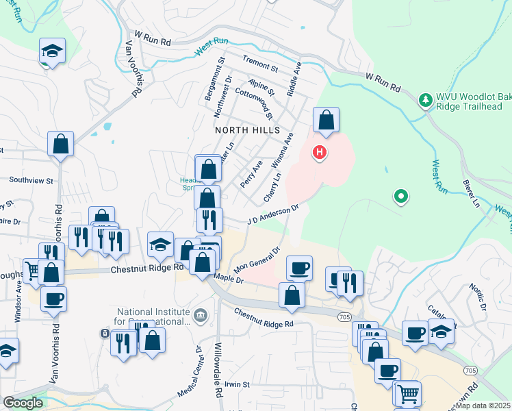 map of restaurants, bars, coffee shops, grocery stores, and more near 1319 Winona Avenue in Morgantown