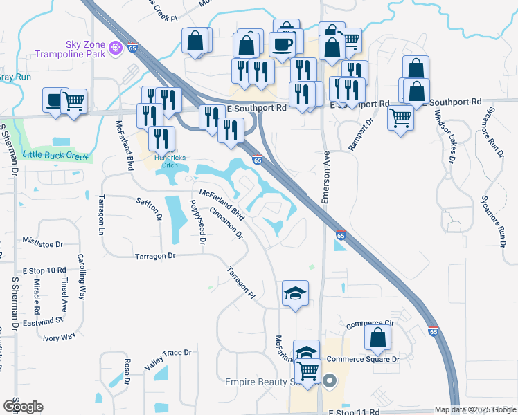 map of restaurants, bars, coffee shops, grocery stores, and more near 4839 Sunpoint Circle in Indianapolis