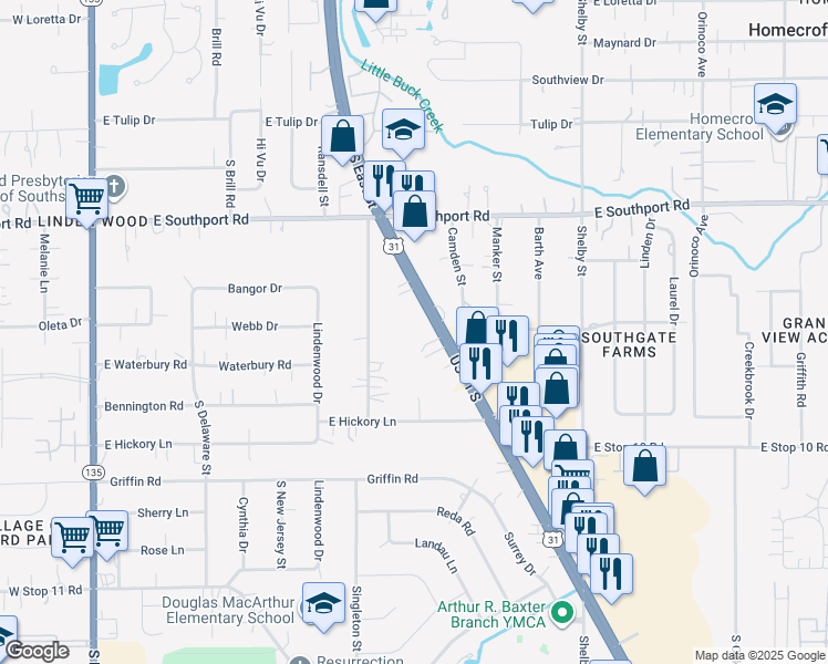 map of restaurants, bars, coffee shops, grocery stores, and more near 7110 U.S. 31 in Indianapolis